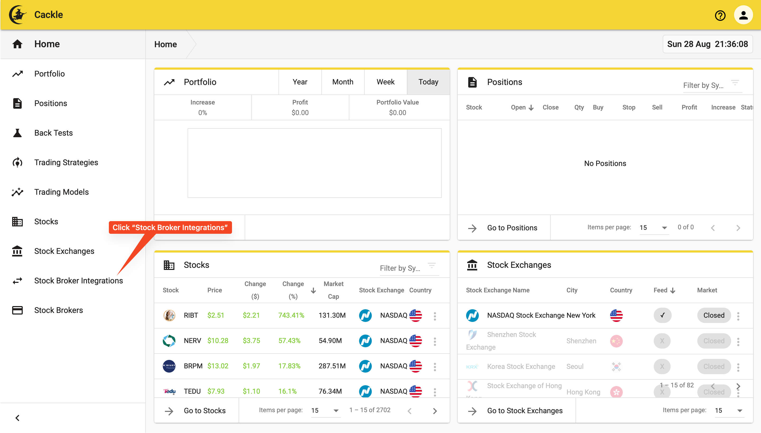 Navigate to the Stock Brokers Integrations Page on Cackle