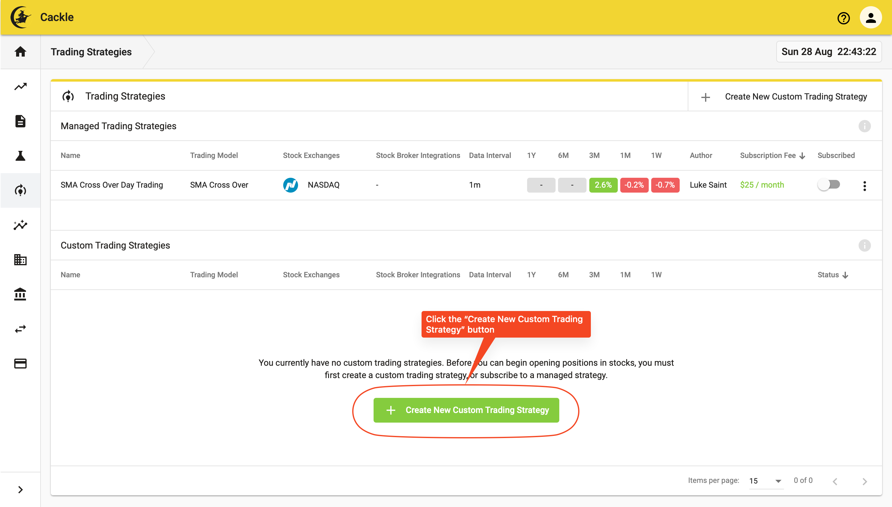 Click the Create New Custom Trading Strategy Button